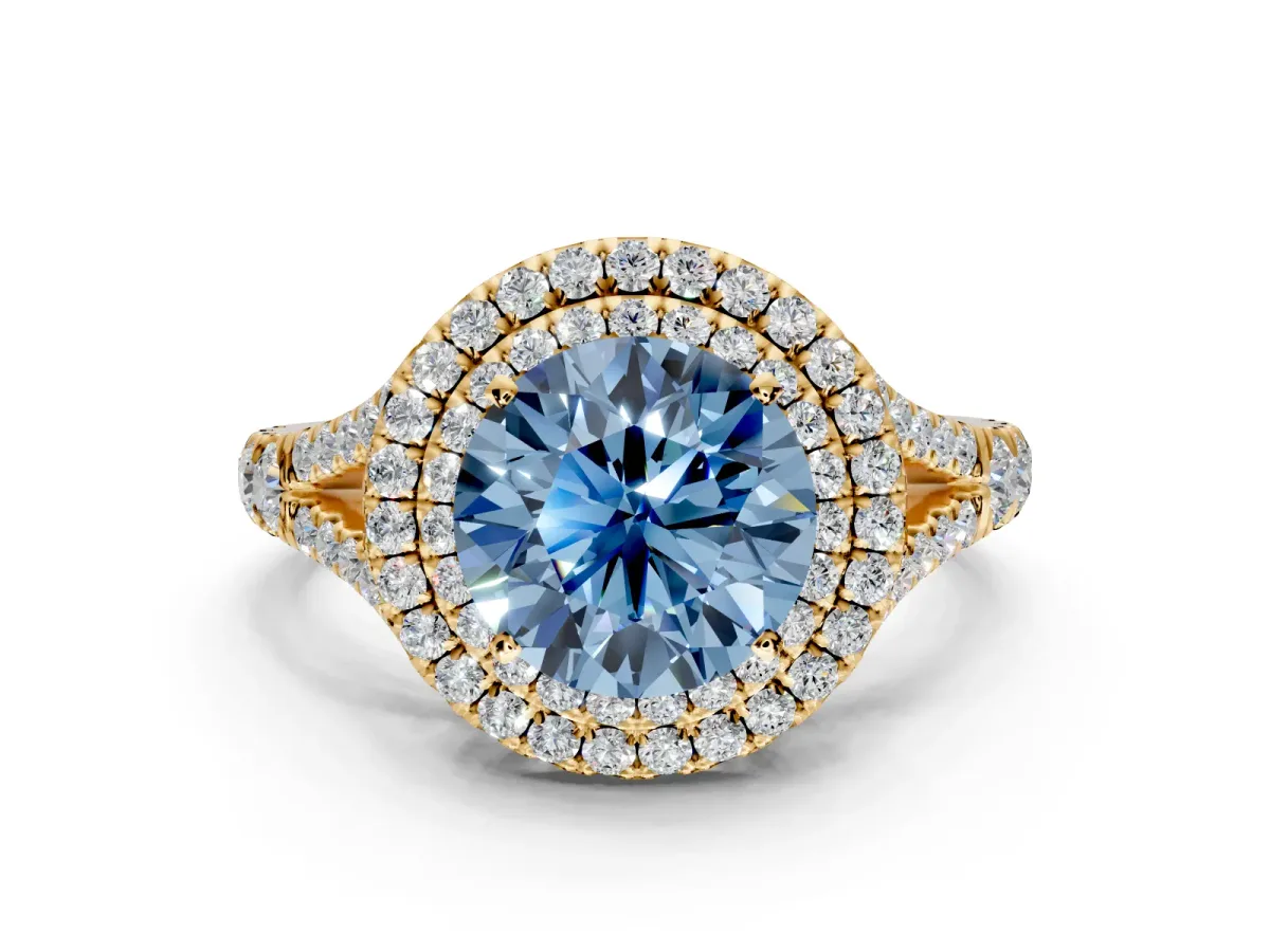 Double Halo Engagement Ring Setting for Fancy Blue Round Cut Center with Narrow Pave Split Shank and Prong Head in Yellow Gold
