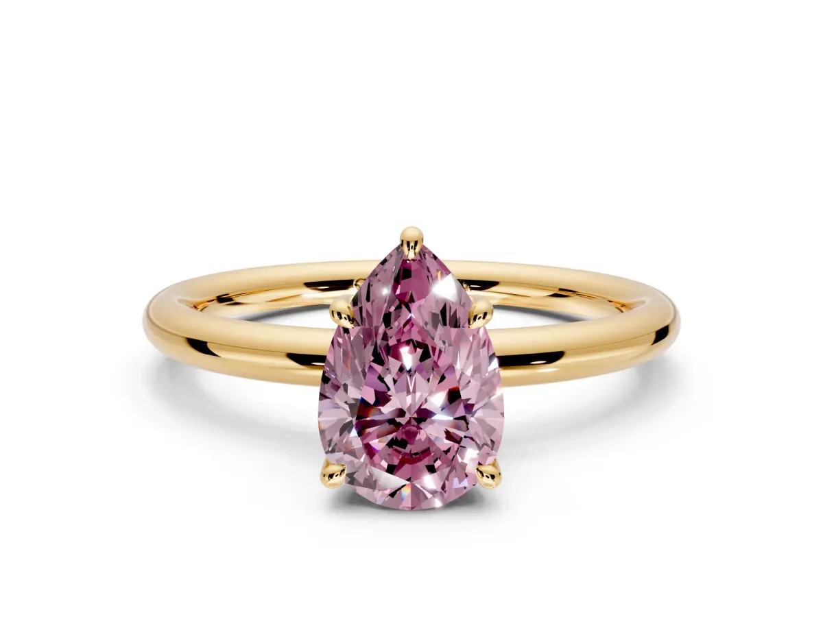 Hidden Halo Engagement Ring Setting for Fancy Pink Pear-Shaped Center with Thin Rounded Band and Prong Head in Yellow Gold