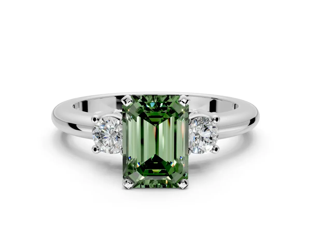 3 Stone Engagement Ring Setting for Fancy Green Emerald Cut Center with Wide Plain Band and Prong Head in White Gold