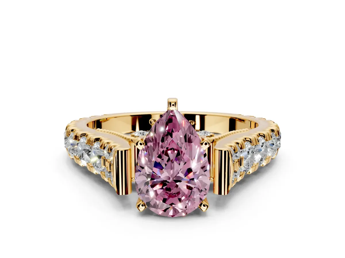 Solitaire Engagement Ring Setting for Fancy Pink Pear-Shaped Center with Pave Cathedral Shoulders and Prong Head in Yellow Gold