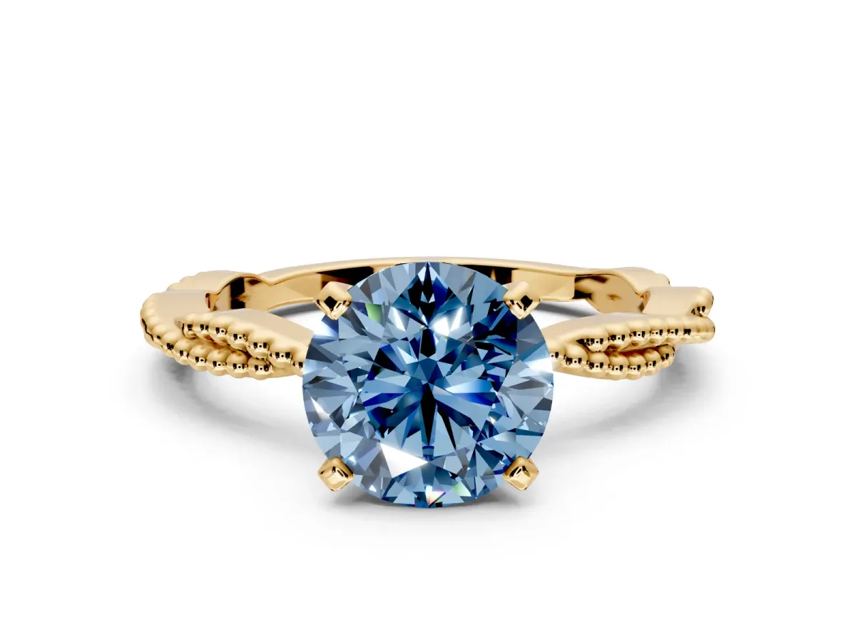 Solitaire Engagement Ring Setting for Fancy Blue Round Cut Center with Twist Band and Bead Prong Head in Yellow Gold