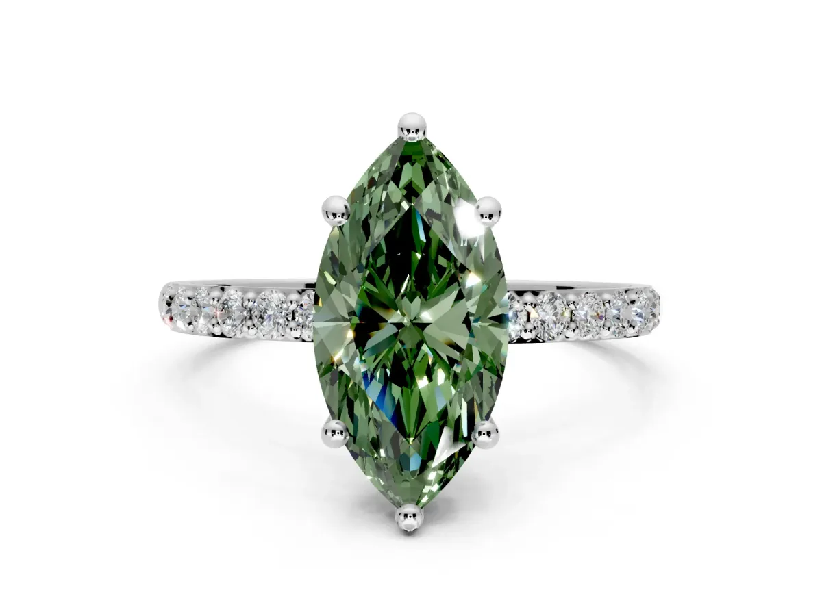 Solitaire Engagement Ring Setting for Fancy Green Marquise Center with Pave Accents and Prong Head in White Gold