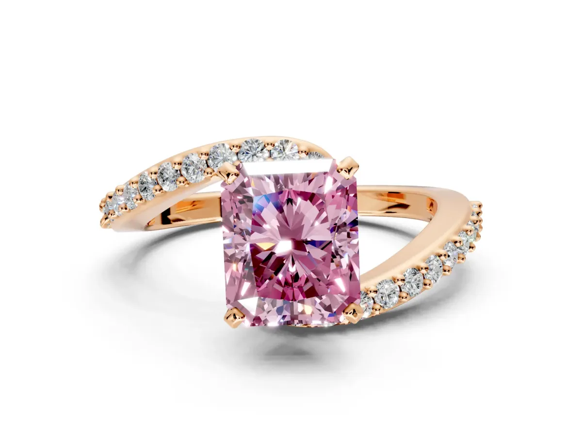 Solitaire Engagement Ring Setting for Fancy Pink Radiant Cut Center with Pave Bypass Swirl Band and Prong Head in Rose Gold