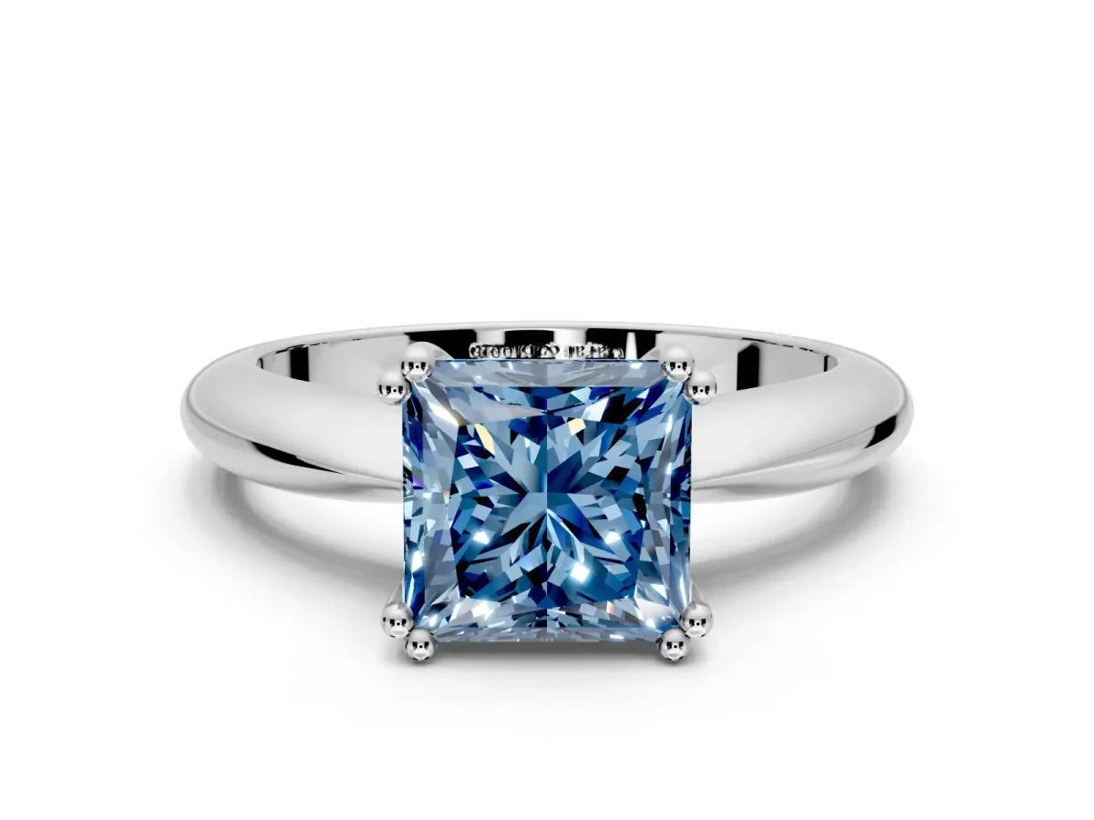 Solitaire Engagement Ring Setting for Fancy Blue Princess Cut Center with Reverse Tapered Band and Prong Head in Platinum