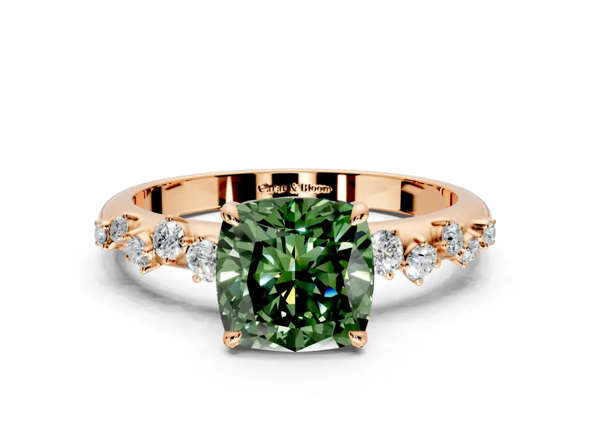 Cluster Engagement Ring Setting for Fancy Green Cushion Cut Center with Round Cut Accent Band and Prong Head in Rose Gold
