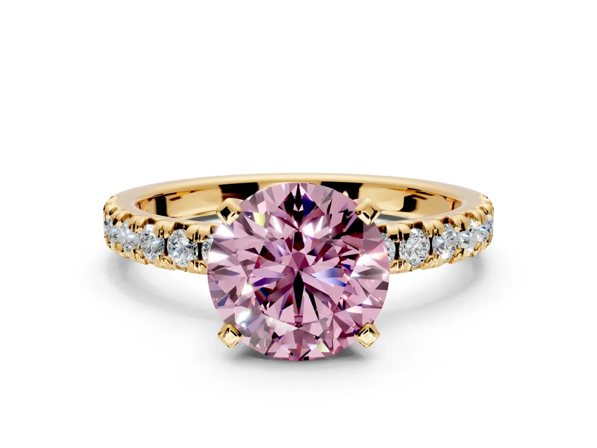 Solitaire Engagement Ring Setting for Fancy Pink Round Cut Center with Large Accents and Prong Head in Yellow Gold