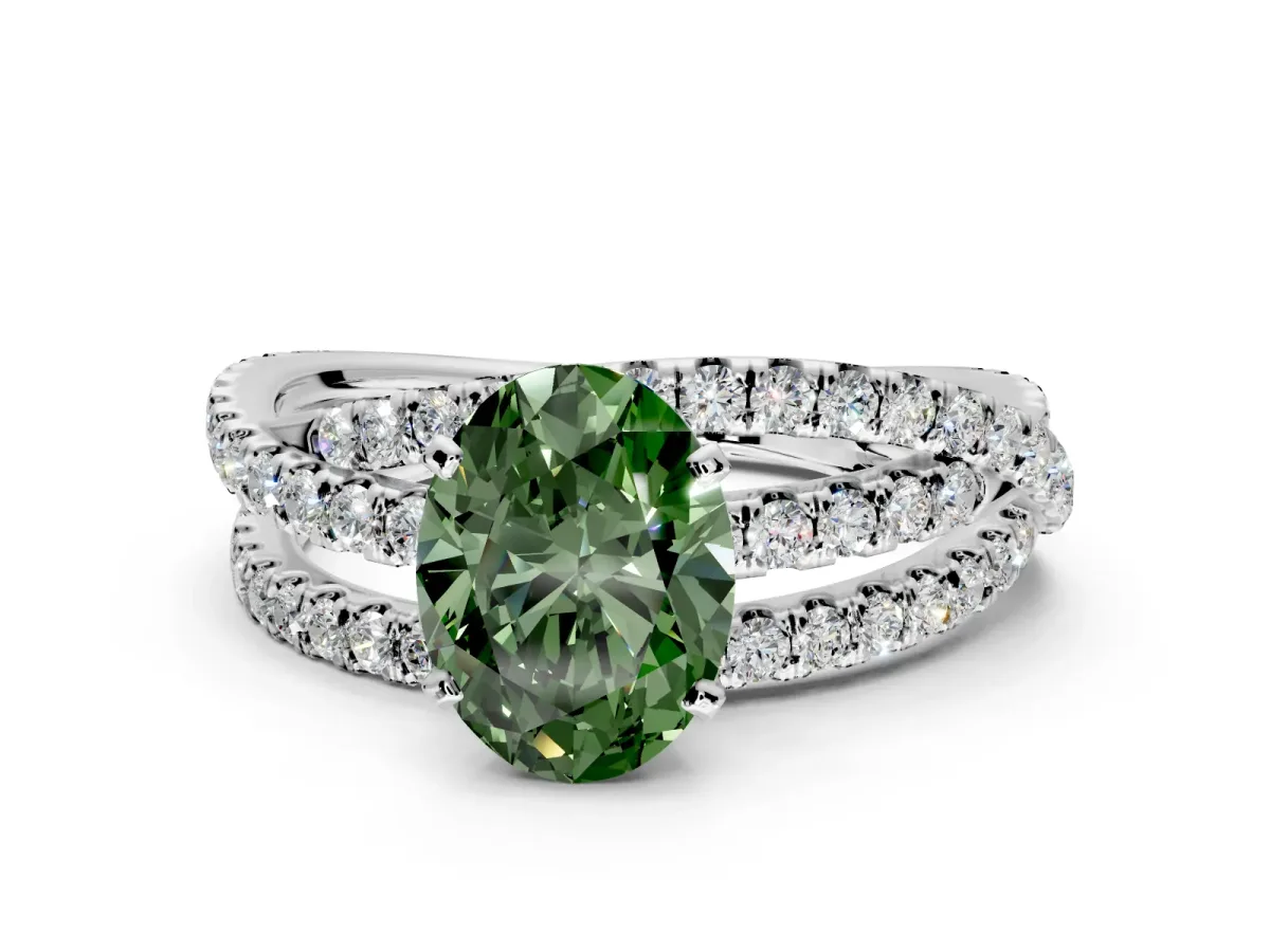 Solitaire Engagement Ring Setting for Fancy Green Oval Center with Woven 3-Strand Pave Band and Prong Head in White Gold