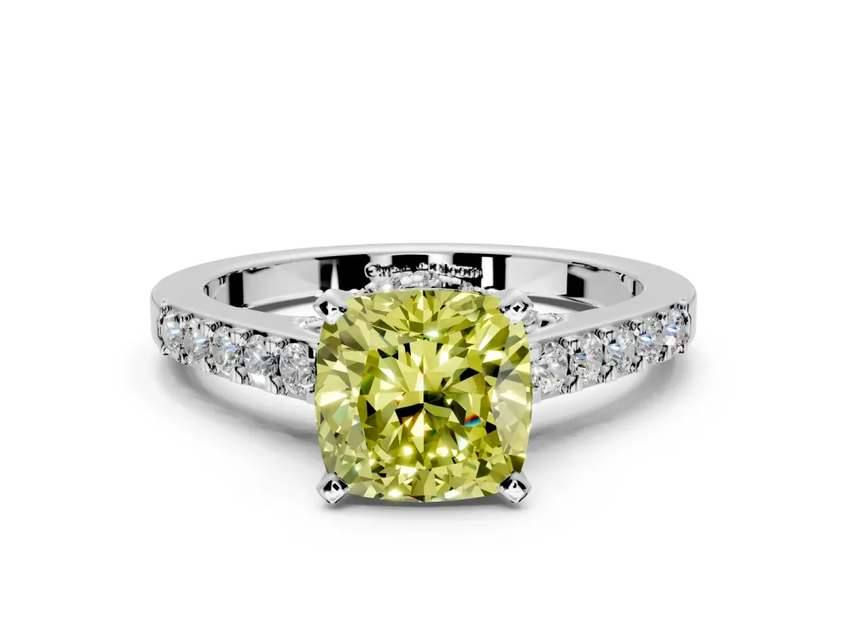 Solitaire Engagement Ring Setting for Fancy Yellow Cushion Cut Center with Crossover Accents and Prong Head in Platinum