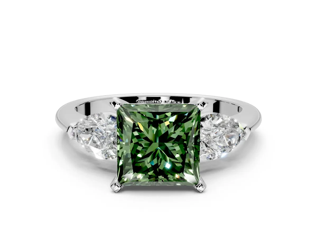 3 Stone Engagement Ring Setting for Fancy Green Princess Cut Center with Large Pear-Shaped Accents and Prong Head in Sterling Silver