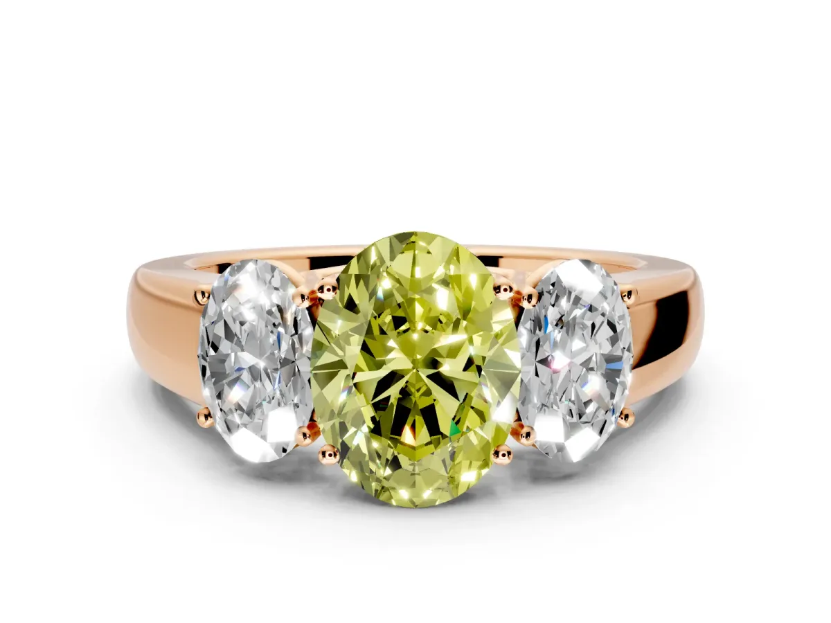 3 Stone Engagement Ring Setting for Fancy Yellow Oval Center with Raised Basket Heads and Prong Head in Rose Gold