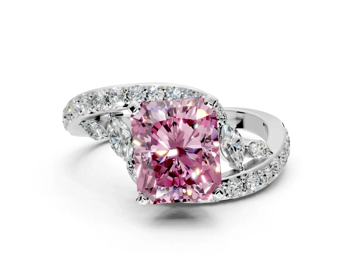 Solitaire Engagement Ring Setting for Fancy Pink Radiant Cut Center with Pave Bypass Twist Band and Prong Head in Platinum