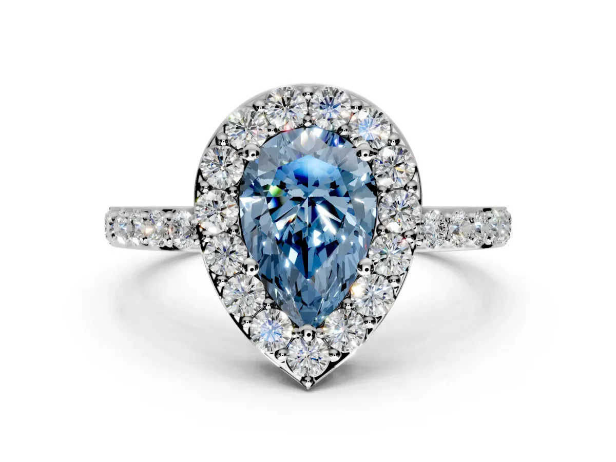 Halo Engagement Ring Setting for Fancy Blue Pear-Shaped Center with Heart-Shaped Openwork, Pave Band and Prong Head in Platinum