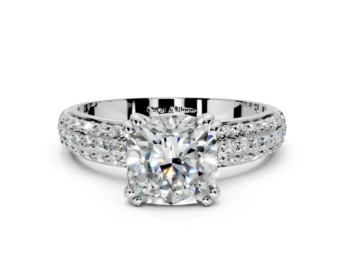 Solitaire Engagement Ring Setting for Cushion Cut Center with Multi-Row Pave Accents and Basket Head in Platinum