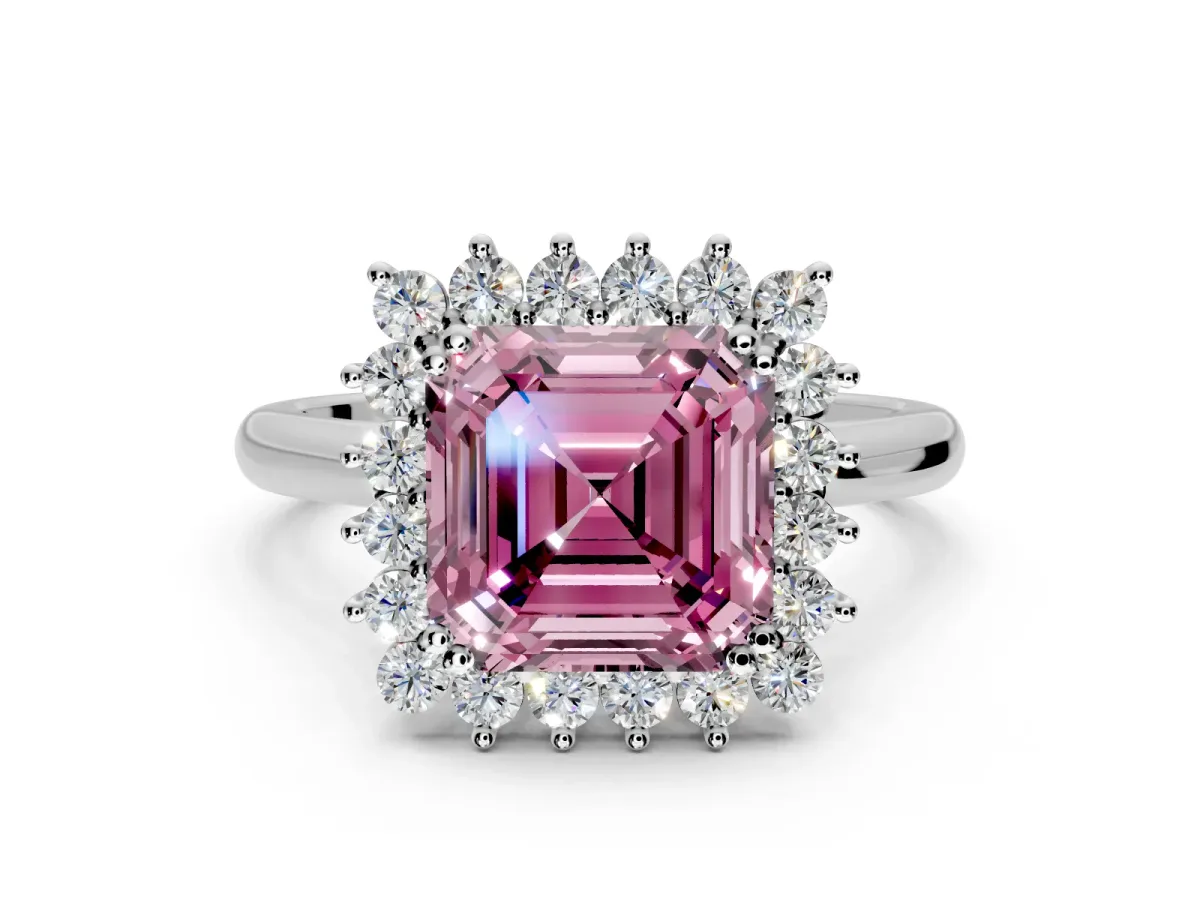 Starburst Halo Engagement Ring Setting for Fancy Pink Asscher Cut Center with Thin Round-Wire Band and Prong Head in Platinum