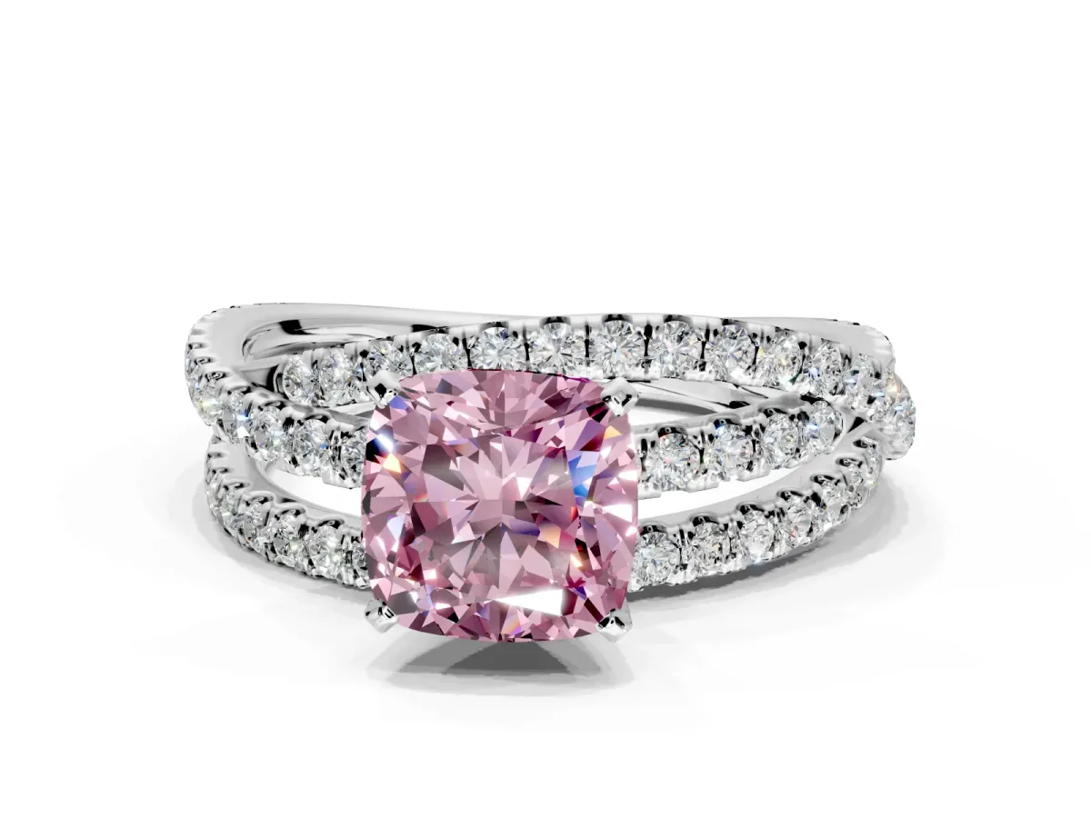 Solitaire Engagement Ring Setting for Fancy Pink Cushion Cut Center with Woven 3-Strand Pave Band and Prong Head in White Gold