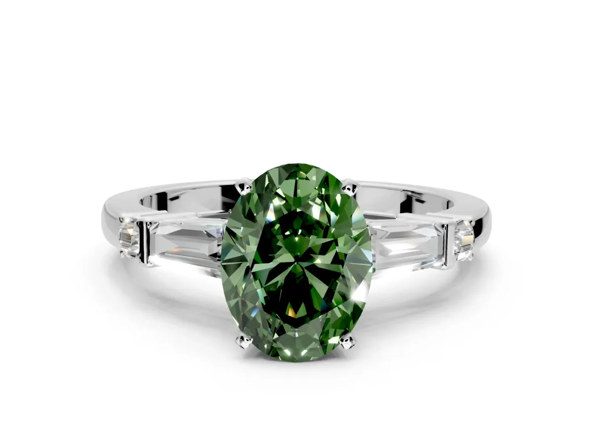 Bar-Set Engagement Ring Setting for Fancy Green Oval Center with Tapered Baguette Accents and Prong Head in White Gold