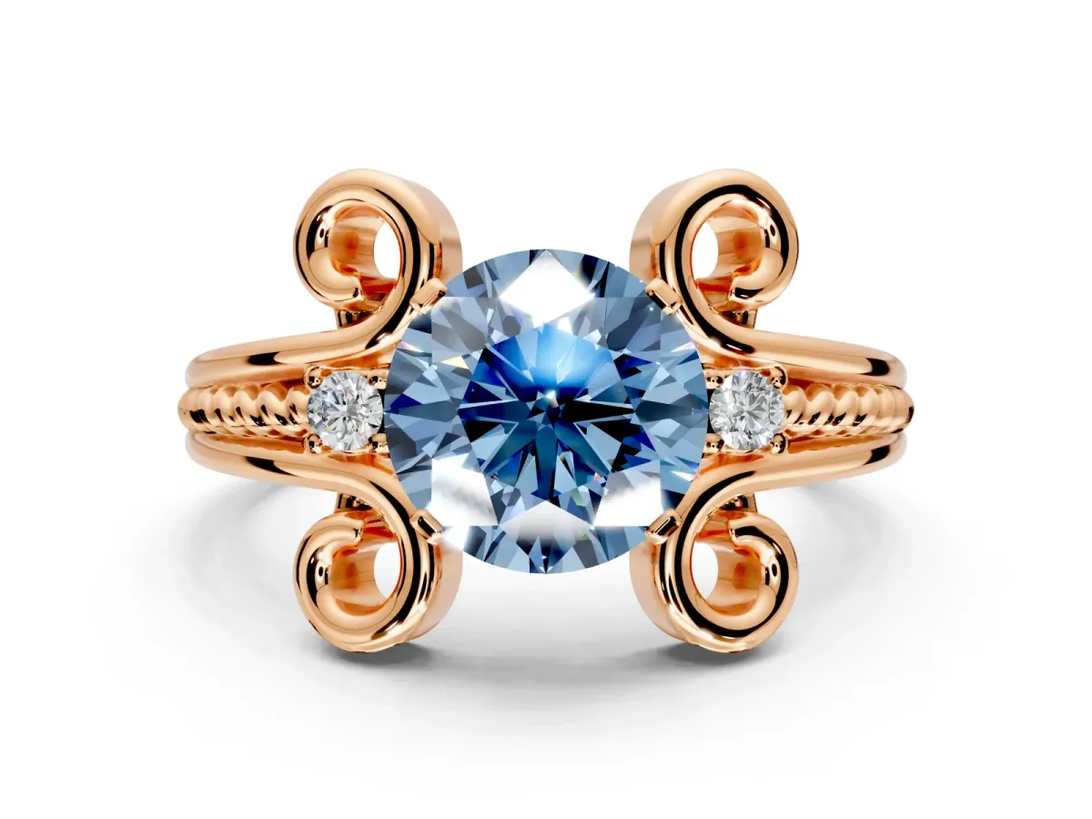 Solitaire Engagement Ring Setting for Fancy Blue Round Cut Center with Twisted Band and Scroll Prong Head in Rose Gold