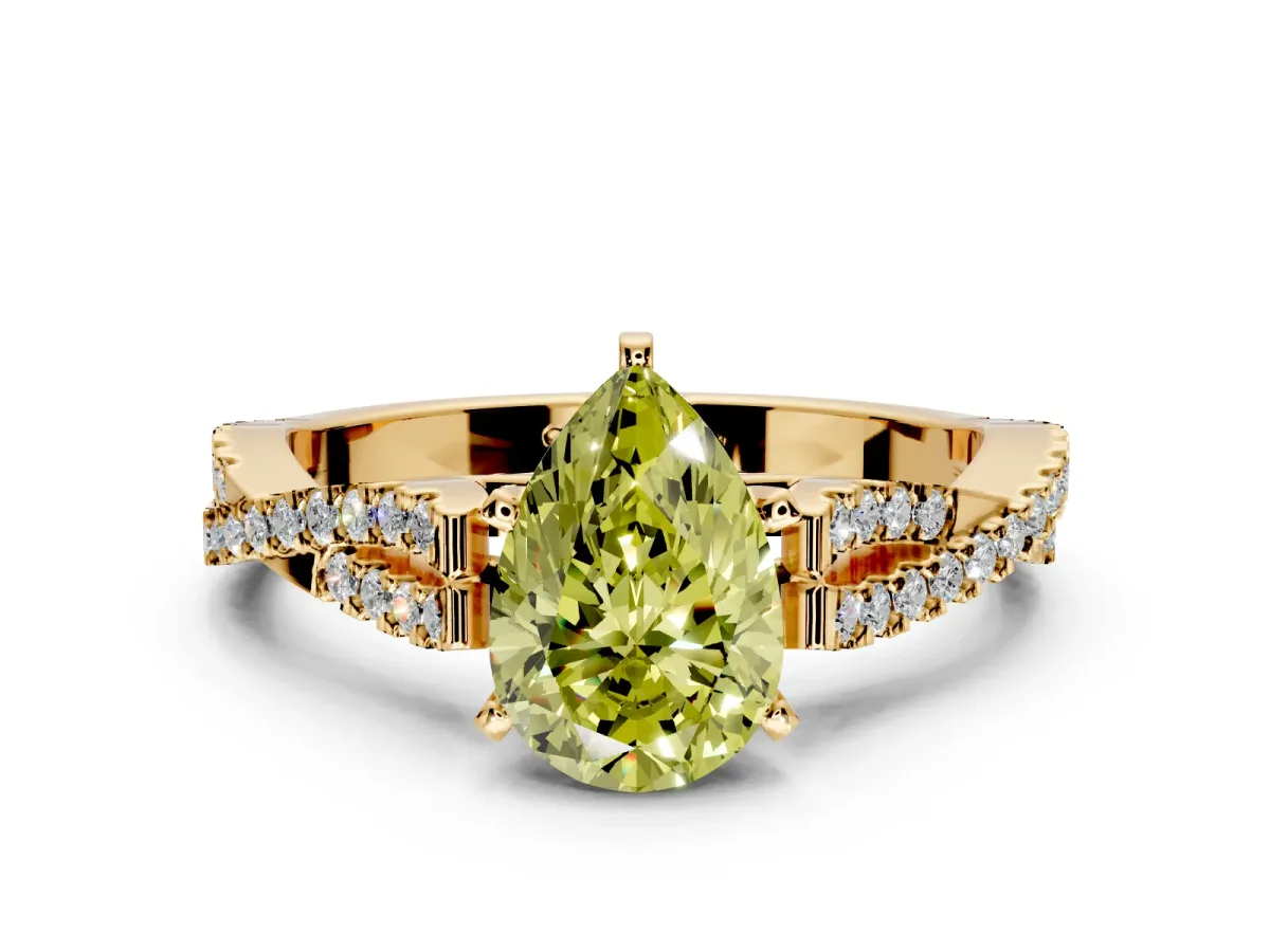 Solitaire Engagement Ring Setting for Fancy Yellow Pear-Shaped Center with Twisted Pave Split Shank and Prong Head in Yellow Gold