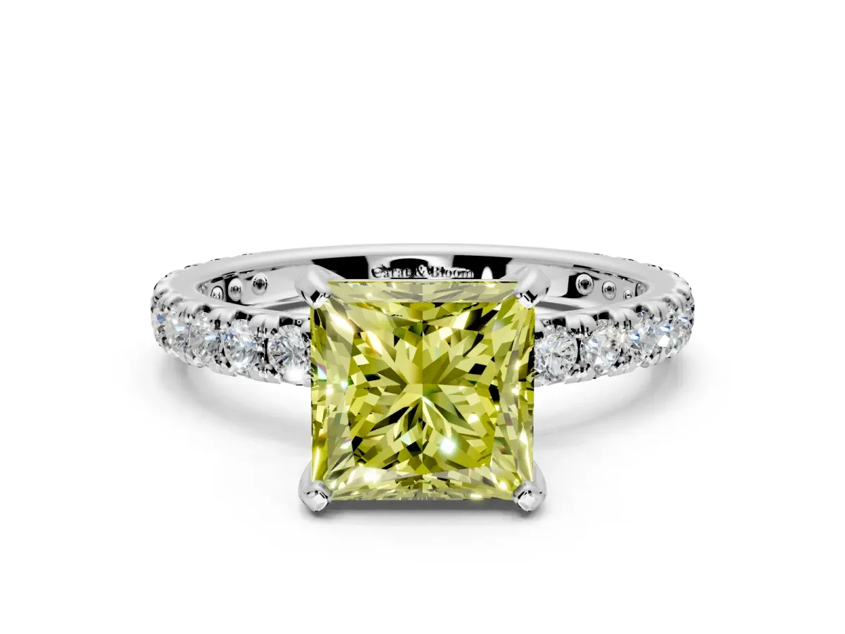 Solitaire Engagement Ring Setting for Fancy Yellow Princess Cut Center with Shared-Prong Accents and Prong Head in Platinum