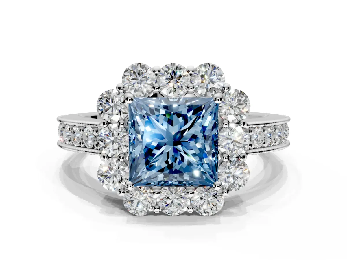 Halo Engagement Ring Setting for Fancy Blue Princess Cut Center with Milgrain Channel Band and Prong Head in Platinum