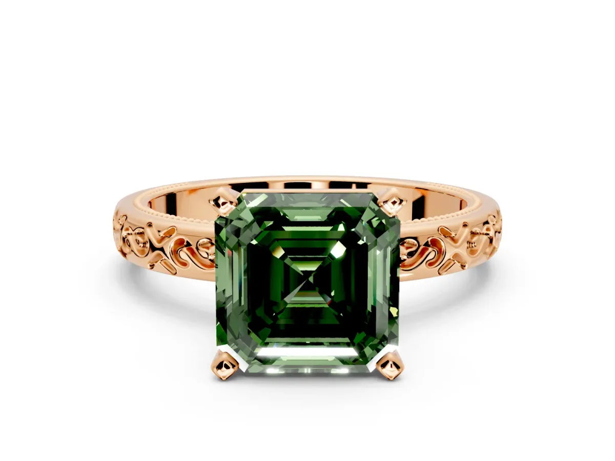 Solitaire Engagement Ring Setting for Fancy Green Asscher Cut Center with Scrollwork Band and Prong Head in Rose Gold