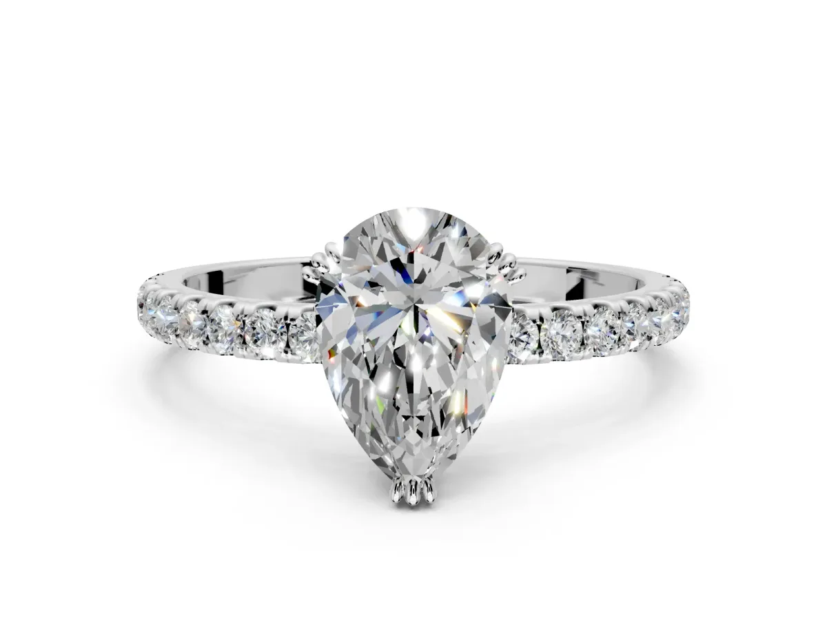 Solitaire Engagement Ring Setting for Pear-Shaped Center with Pave Band and Claw Prong Head in White Gold