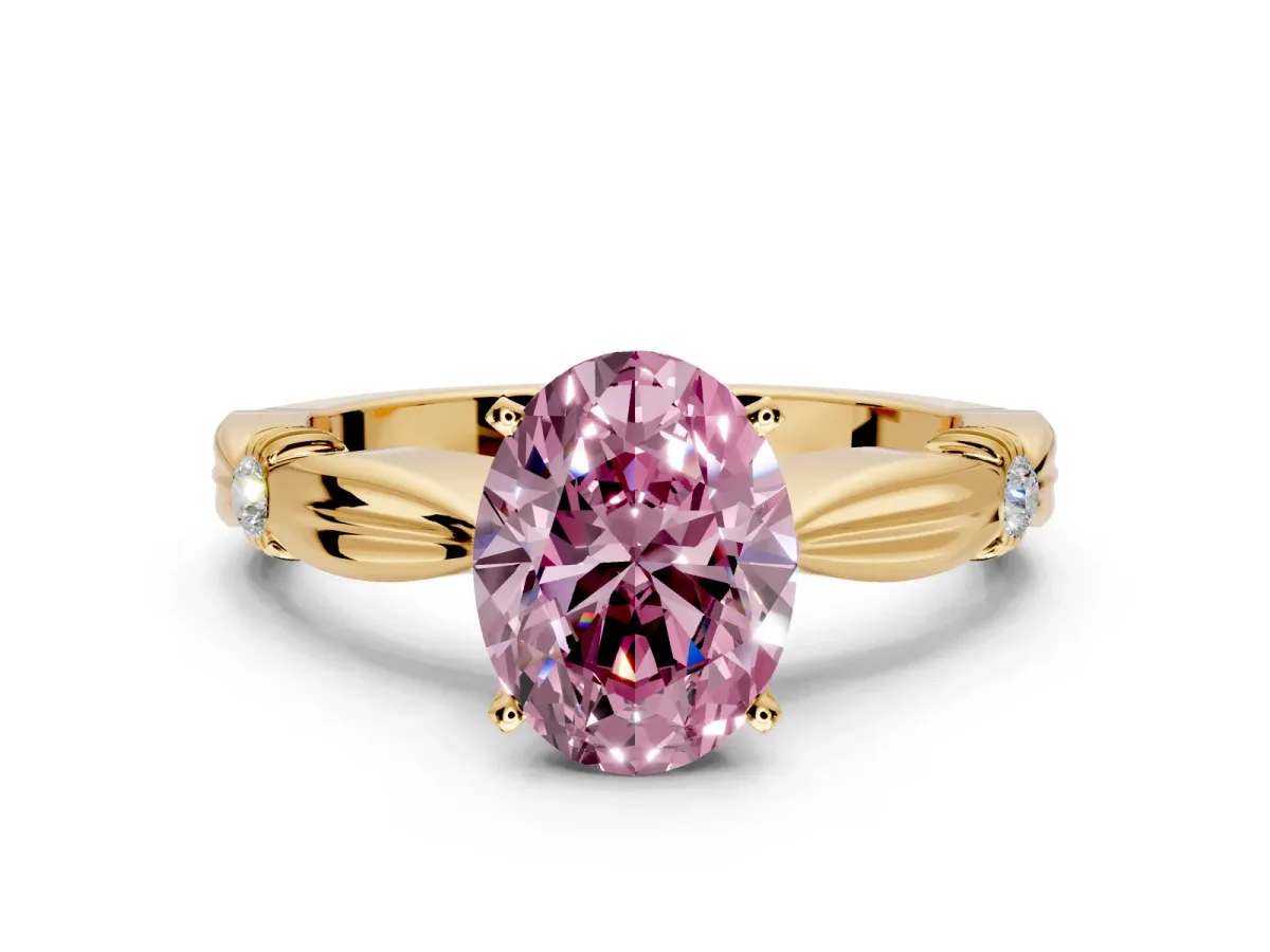 Solitaire Engagement Ring Setting for Fancy Pink Oval Center with Carved Leaf Shoulders and Prong Head in Yellow Gold