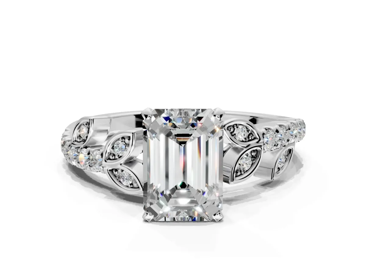 Leaf Motif Engagement Ring Setting for Emerald Cut Center with Pave Band and Prong Head in White Gold