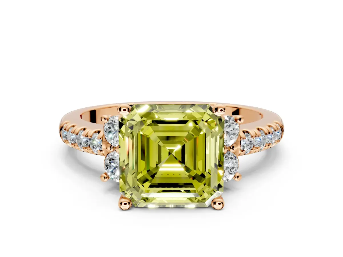 Paired Accent Engagement Ring Setting for Fancy Yellow Asscher Cut Center with Pave Band and Prong Head in Rose Gold