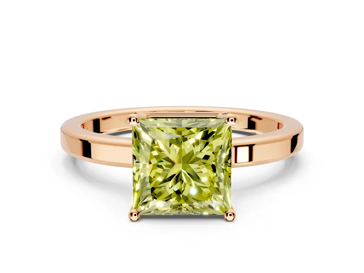 Hidden Halo Engagement Ring Setting for Fancy Yellow Princess Cut Center with Wide Flat Plain Band and Prong Head in Rose Gold
