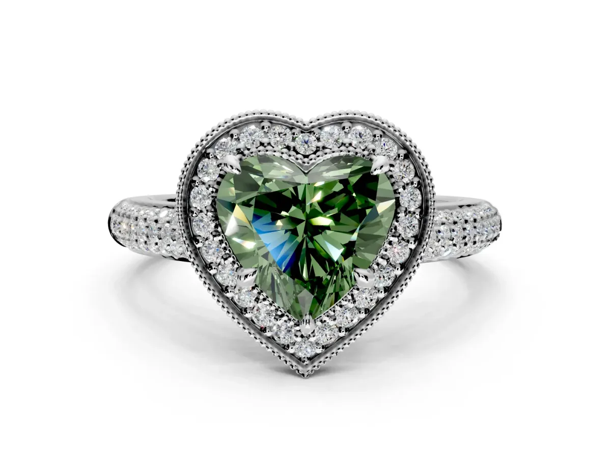 Milgrain Halo Engagement Ring Setting for Fancy Green Heart-Shaped Center with Three-Sided Pave Band and Prong Head in Platinum