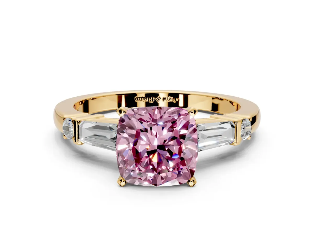 Bar-Set Engagement Ring Setting for Fancy Pink Cushion Cut Center with Tapered Baguette Accents and Prong Head in Yellow Gold