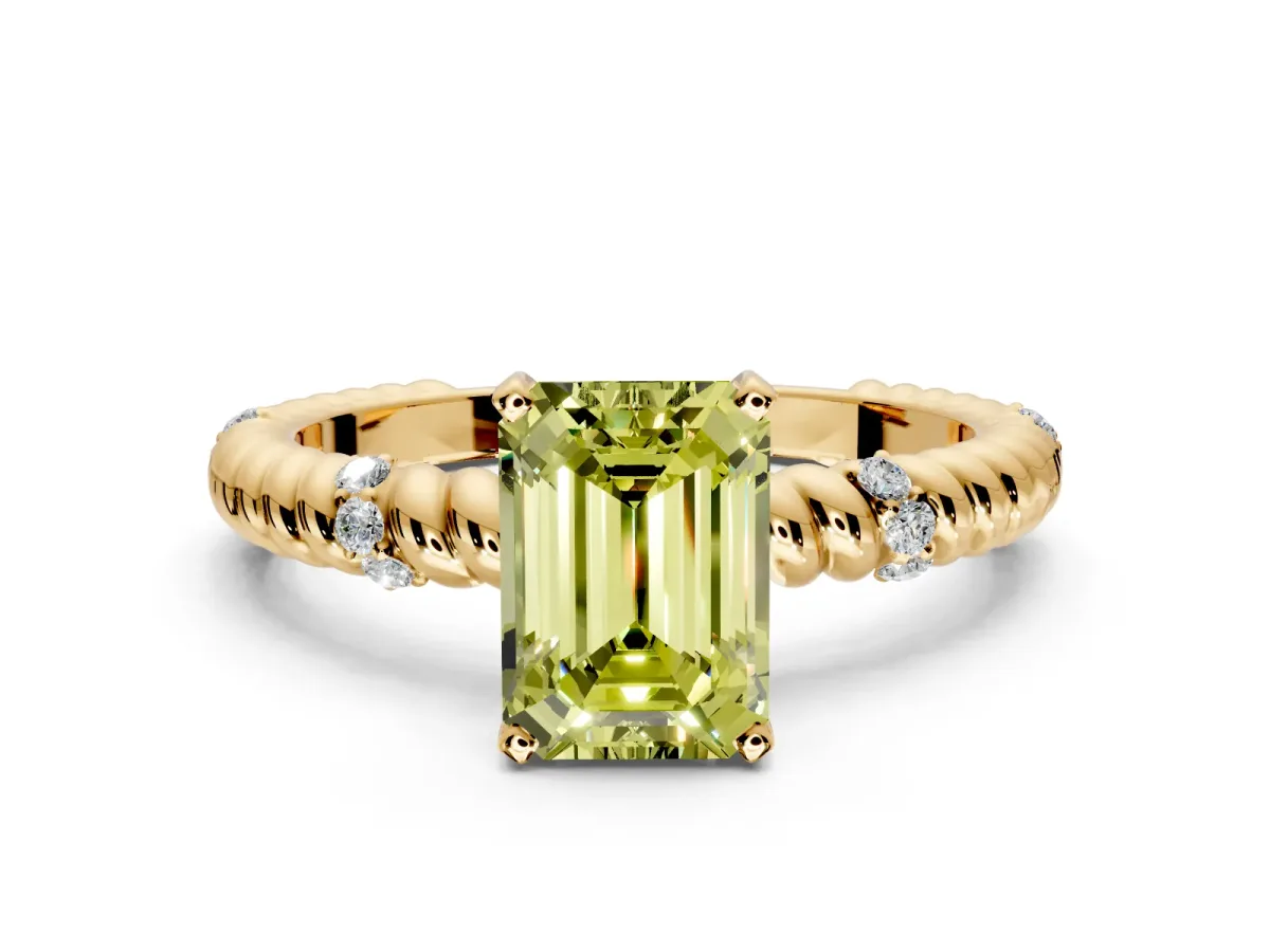 Rope Engagement Ring Setting for Fancy Yellow Emerald Cut Center with Accent Shoulders and Prong Head in Yellow Gold