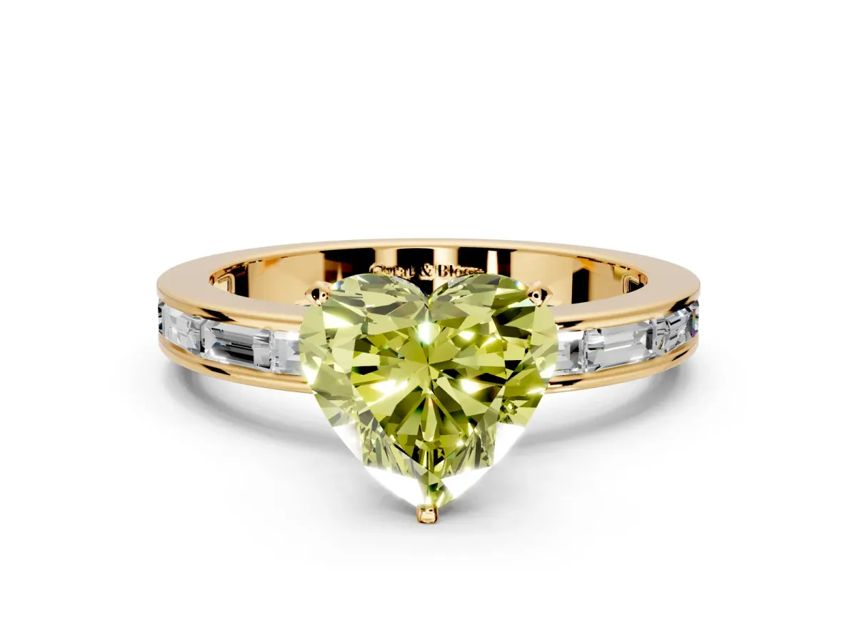 Solitaire Engagement Ring Setting for Fancy Yellow Heart-Shaped Center with Channel Baguette Band and Prong Head in Yellow Gold