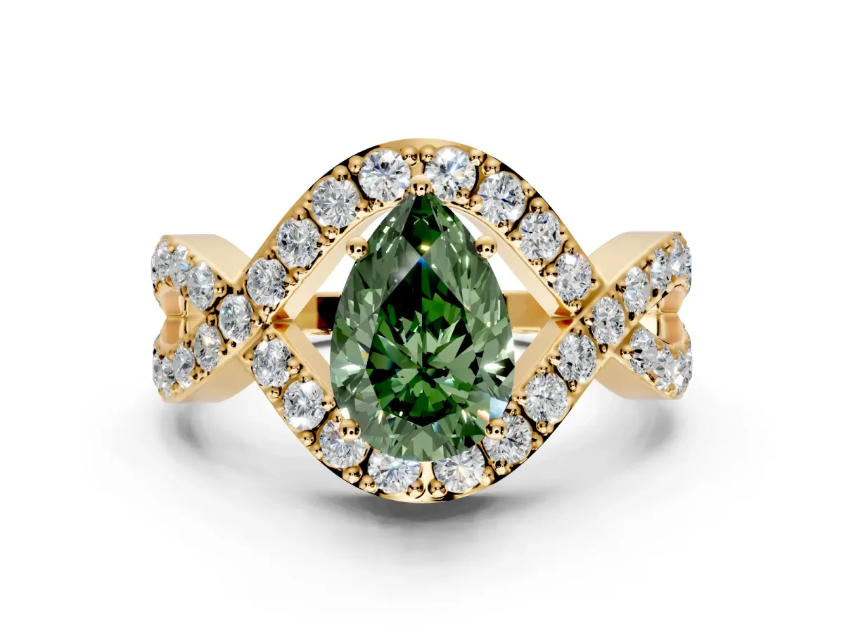 Halo Engagement Ring Setting for Fancy Green Pear-Shaped Center with Pave Infinity Twist Band and Prong Head in Yellow Gold