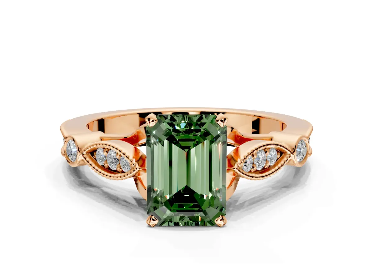 Solitaire Engagement Ring Setting for Fancy Green Emerald Cut Center with Marquise and Bezel Accents and Prong Head in Rose Gold