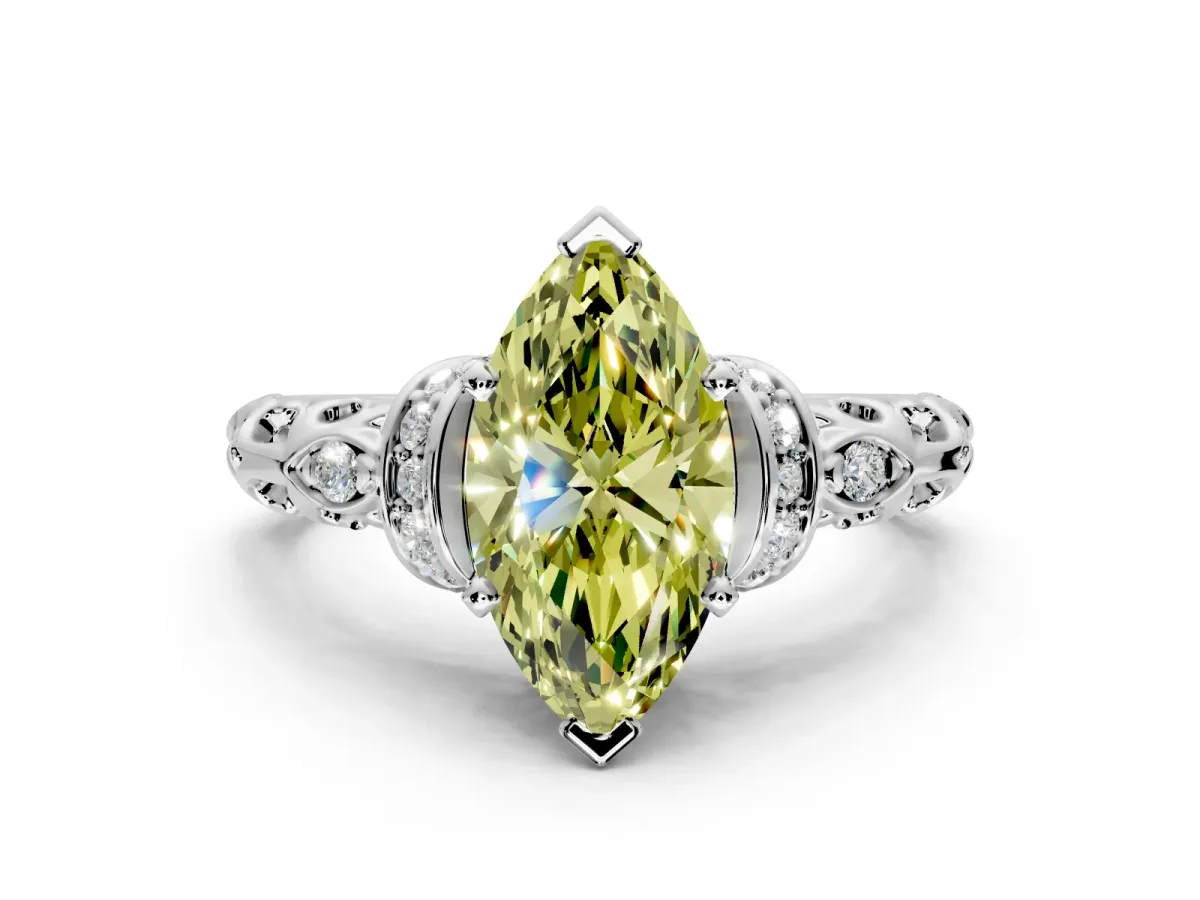 Solitaire Engagement Ring Setting for Fancy Yellow Marquise Center with Filigree Band and Prong Head in White Gold
