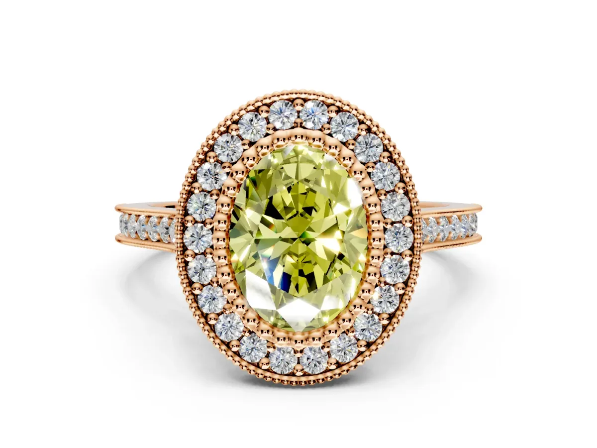 Halo Engagement Ring Setting for Fancy Yellow Oval Center with Milgrain Frame, Pave Band and Prong Head in Rose Gold