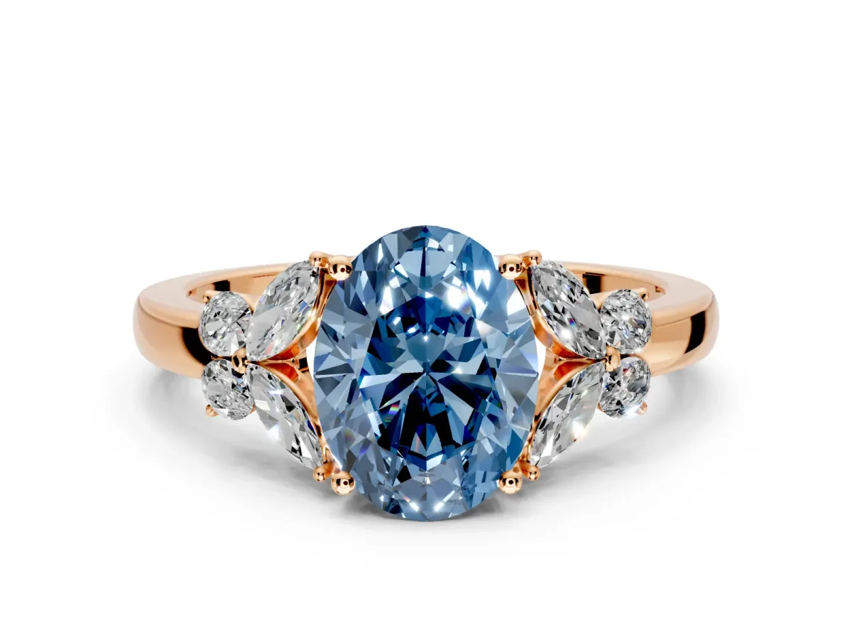 Solitaire Engagement Ring Setting for Fancy Blue Oval Center with Marquise Flower Shoulders and Prong Head in Rose Gold
