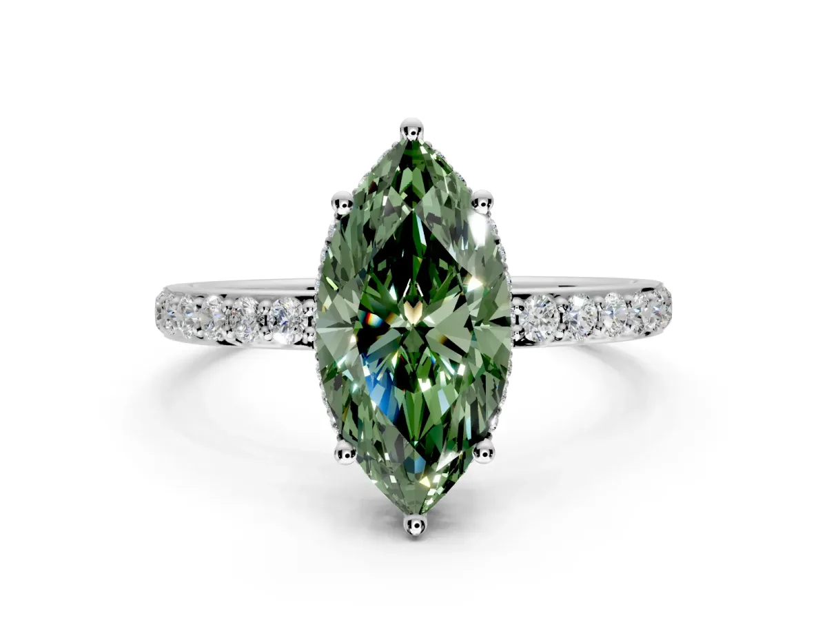 Hidden Halo Engagement Ring Setting for Fancy Green Marquise Center with Pave Band and Prong Head in Sterling Silver