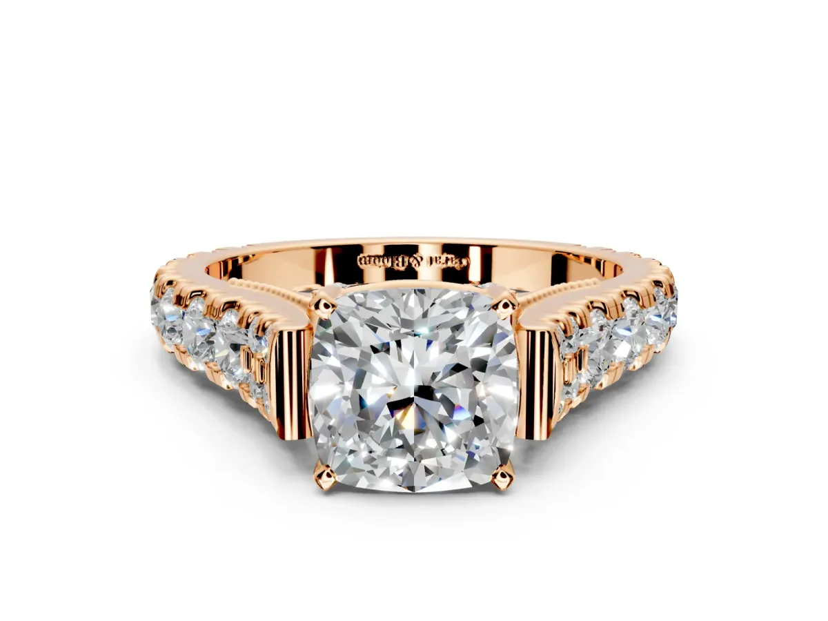 Solitaire Engagement Ring Setting for Cushion Cut Center with Pave Cathedral Shoulders and Prong Head in Rose Gold