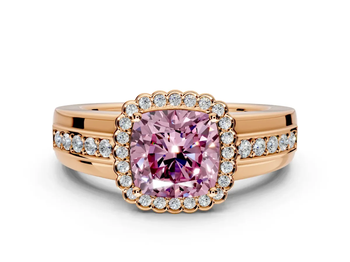 Halo Engagement Ring Setting for Fancy Pink Cushion Cut Center with Wide Band, Inlaid Accent Row and Prong Head in Rose Gold