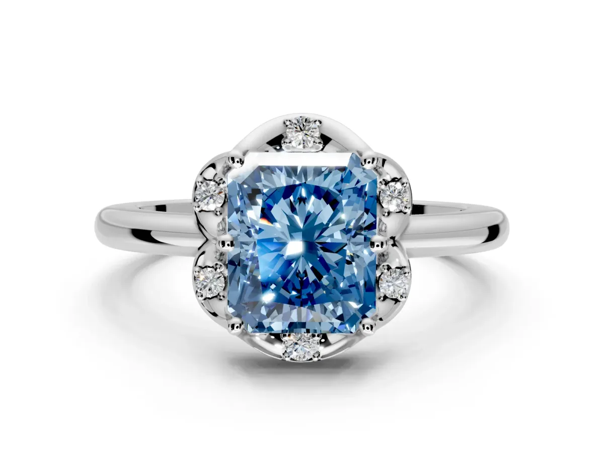 Floral Frame Engagement Ring Setting for Fancy Blue Radiant Cut Center with Accent Clusters and Prong Head in White Gold