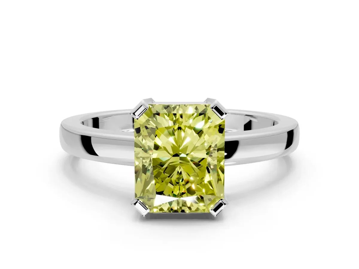 Solitaire Engagement Ring Setting for Fancy Yellow Radiant Cut Center with Plain Band and Flat Tab Prong Head in Platinum