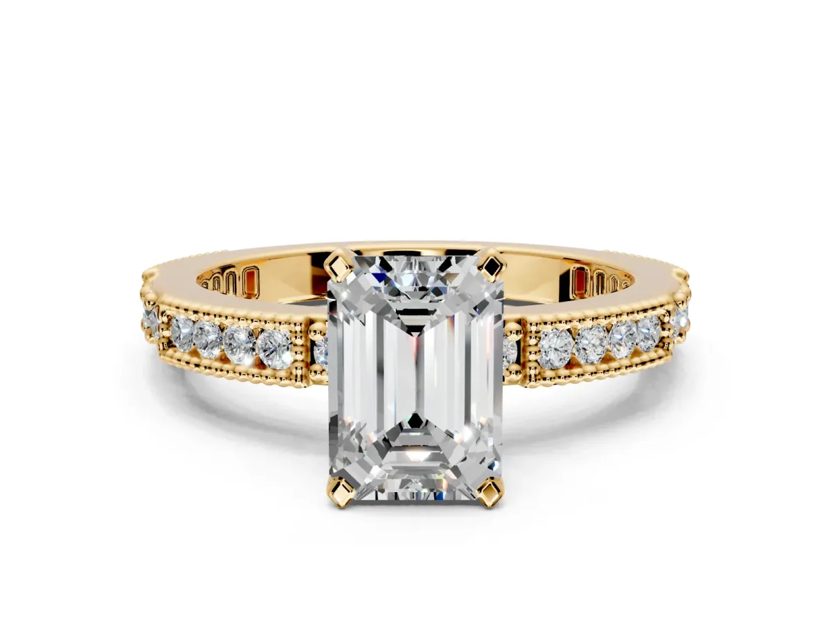 Solitaire Engagement Ring Setting for Emerald Cut Center with Milgrain-Edged Pave Band and Prong Head in Yellow Gold