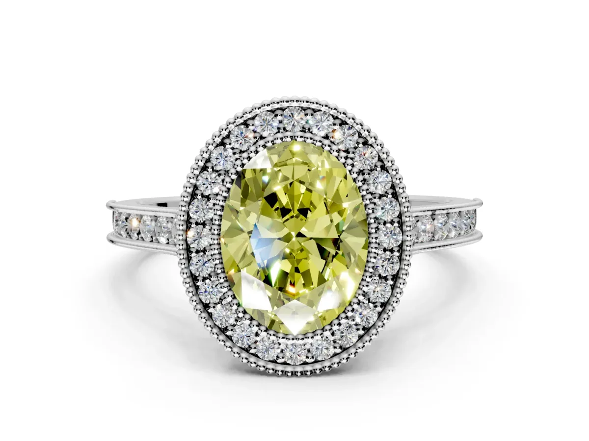 Halo Engagement Ring Setting for Fancy Yellow Oval Center with Milgrain Pave Band and Bezel Head in Platinum