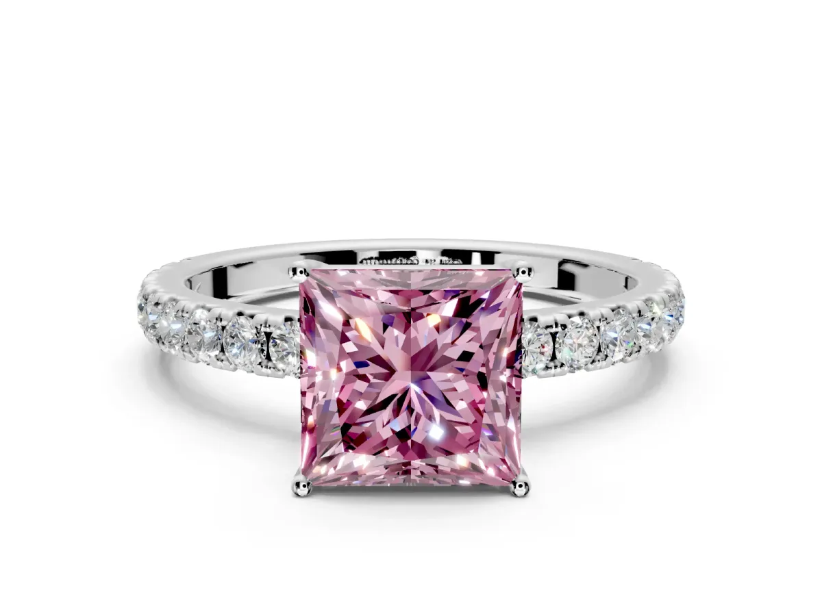 Solitaire Engagement Ring Setting for Fancy Pink Princess Cut Center with Large Accent Band and Prong Head in Platinum