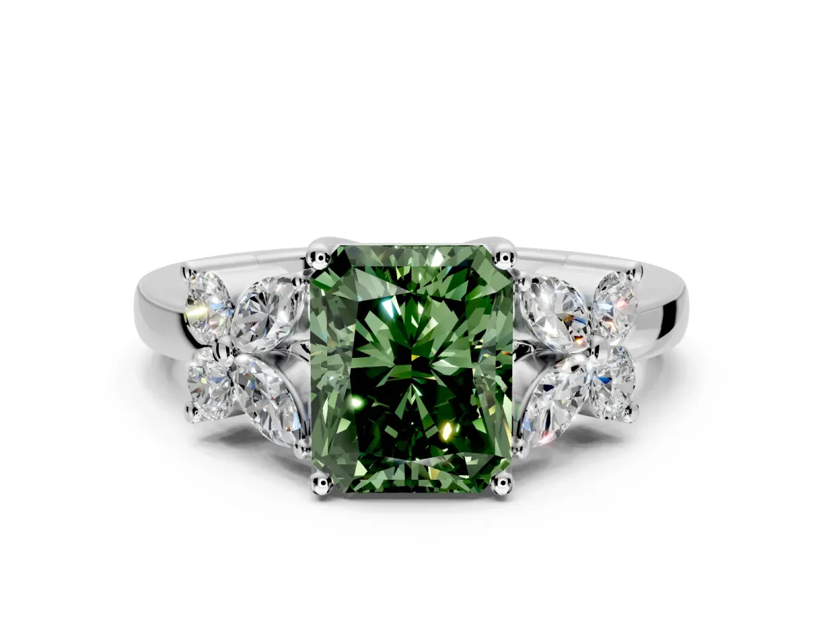 Floral Engagement Ring Setting for Fancy Green Radiant Cut Center with Marquise Cluster Shoulders and Prong Head in Sterling Silver