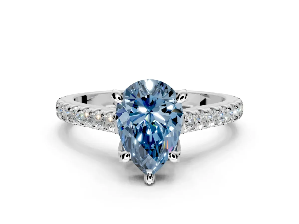 Solitaire Engagement Ring Setting for Fancy Blue Pear-Shaped Center with Widening Pave Band and Claw Prong Head in Sterling Silver