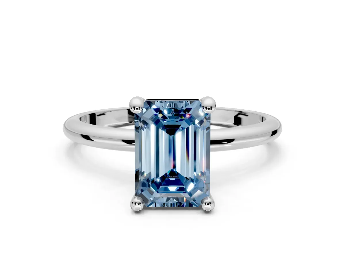 Minimalist Solitaire Engagement Ring Setting for Fancy Blue Emerald Cut Center with Thin Band and Prong Head in Sterling Silver